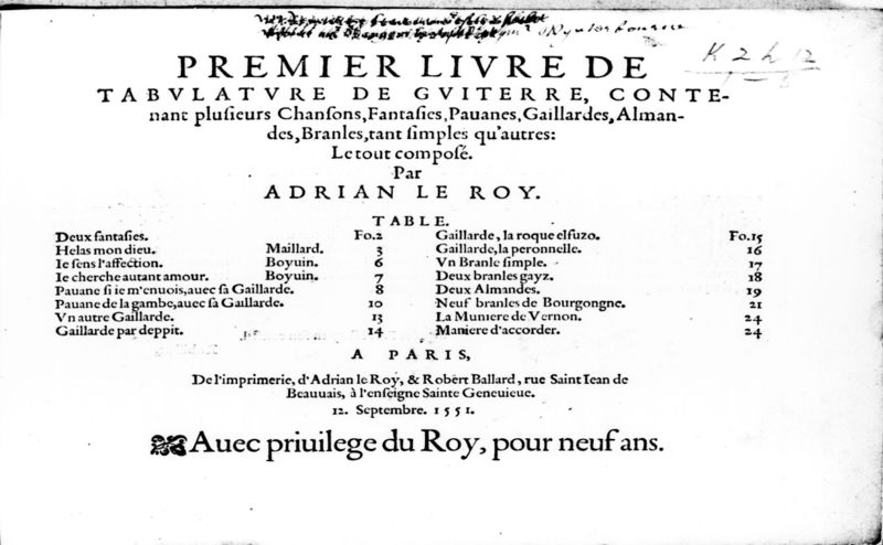Premiere Livre de Tablature de Guitar by Le Roy 1551